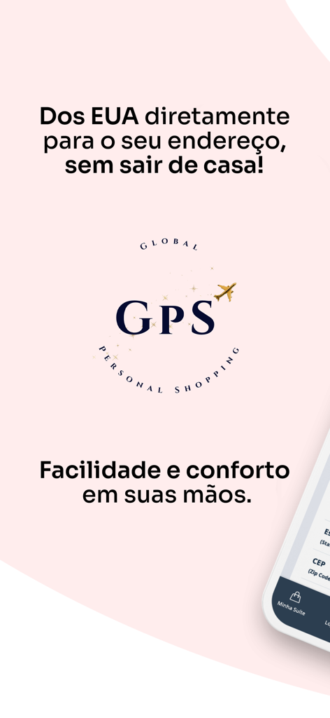 Écran d'introduction de l'application GPS montrant le logo et le slogan sur l'achat depuis les États-Unis directement chez vous