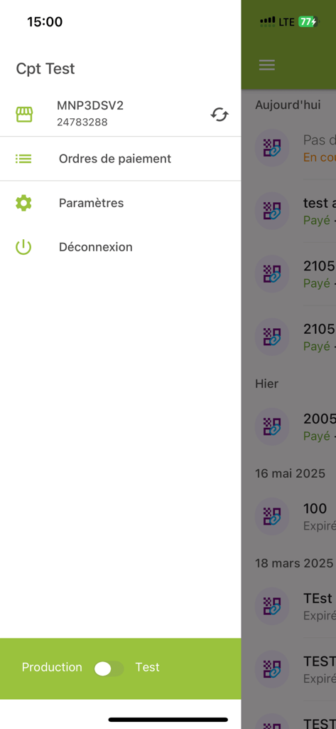 EpayNc - EpayNc App Seitenleistenmenü mit Zahlungsaufträgen und Transaktionsverlauf
