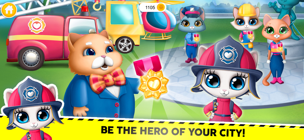 Kitty Meow Meow City Heroes - A cat mayor giving a gold medal to a group of kitty heroes including a firefighter and police officer