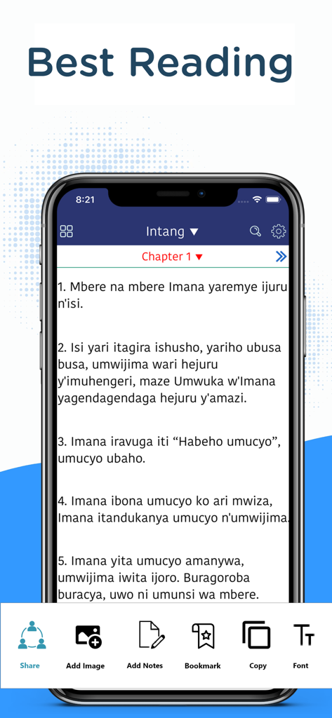 Kinyarwanda Bible app interface showing scripture text in Kinyarwanda with bottom navigation for sharing and notes