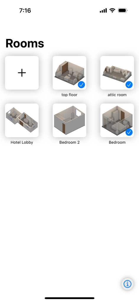 A grid of 3D scanned room models in the amscan app library