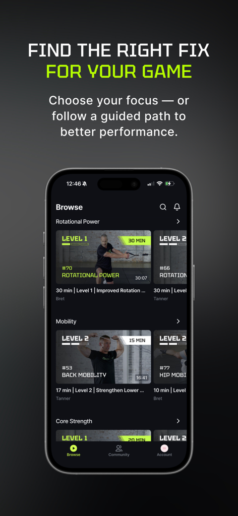 Golf Fit - Golf Fit mobile app browsing screen showing rotational power and mobility workout categories