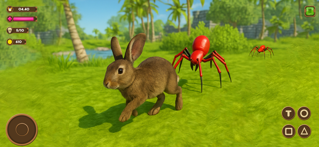 Wild Spider - Insect Simulator - Uma aranha vermelha gigante perseguindo um coelho marrom em um campo verde do simulador Wild Spider