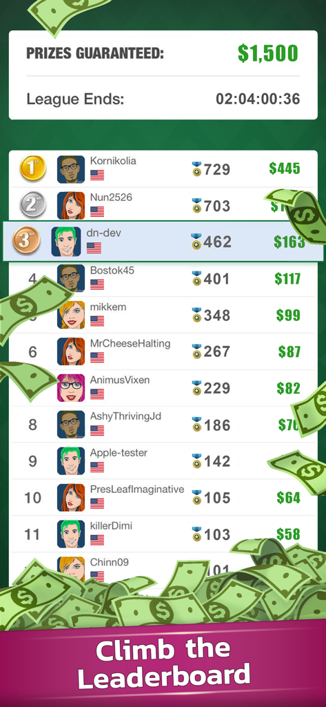 Scorpion Solitaire Skillz Game - Una tabla de clasificación competitiva en Scorpion Solitaire Skillz Game que muestra a los mejores jugadores y premios en efectivo.