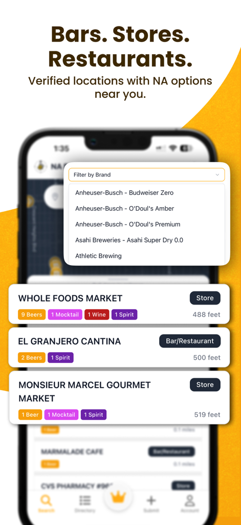 NA Beer Finder - NA Beer Finder app interface showing a list of nearby stores and restaurants with non-alcoholic drink options.