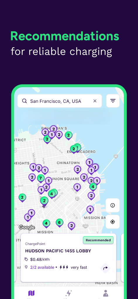 Map view of EV charging stations in San Francisco with a recommended charger highlighted in the Presto app