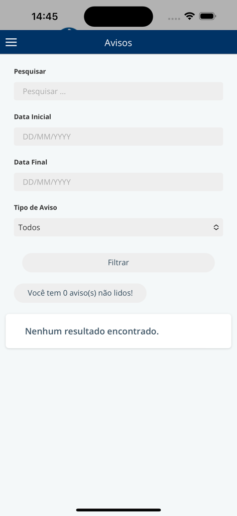 Aluno Einstein - Tela de filtro de comunicados no aplicativo do aluno Aluno Einstein com campos de pesquisa e intervalo de datas.