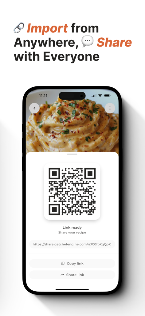 Chef Engine 앱의 모바일 화면, QR 코드와 다른 사람들과 레시피를 공유할 수 있는 링크가 있는 파스타 레시피 표시