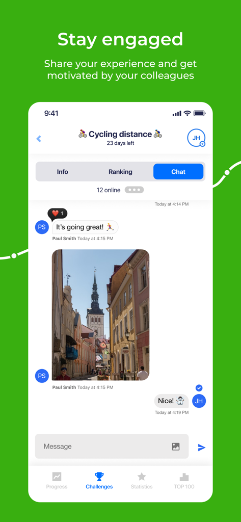 YuMuuv - YuMuuv app interface showing a chat between colleagues during a cycling challenge.
