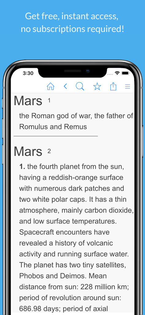 Bildschirm der Enzyklopädie von Farlex App mit einem beschreibenden Artikel über den Planeten Mars.