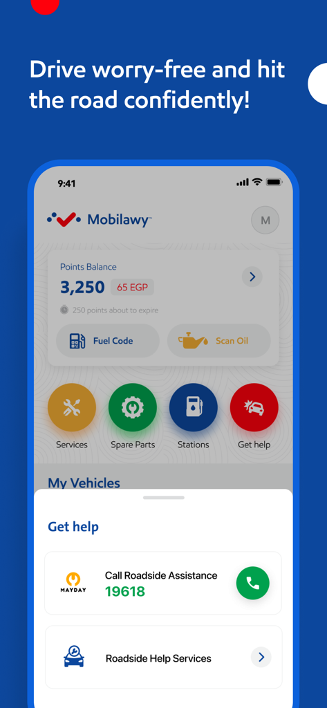 Mobilawy - Mobilawy app interface showing the roadside assistance menu and points balance for fuel rewards