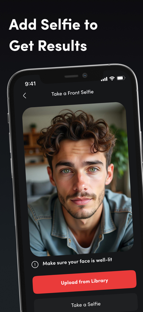 Interface of the Umax AI app showing the upload or take a front selfie screen for face analysis