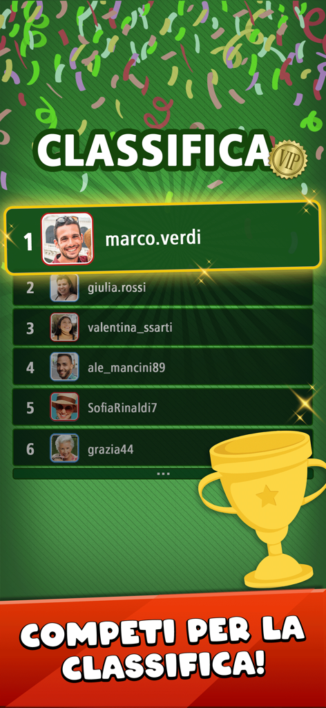 Burraco Italiano Jogatina - Schermata della classifica nell'app Burraco Italiano Jogatina che mostra le classifiche dei migliori giocatori e un trofeo d'oro.