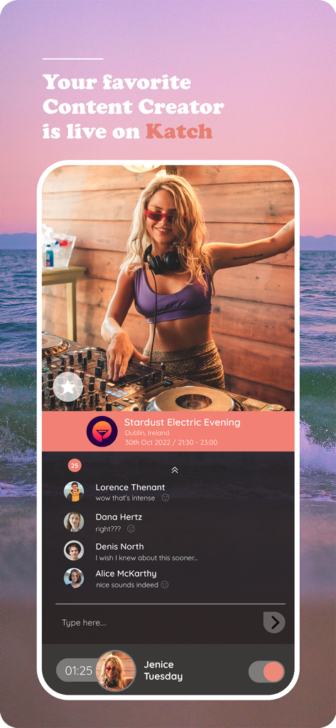 Katch - Events for Everyone - A live DJ performance on the Katch app featuring an interactive chat and event information