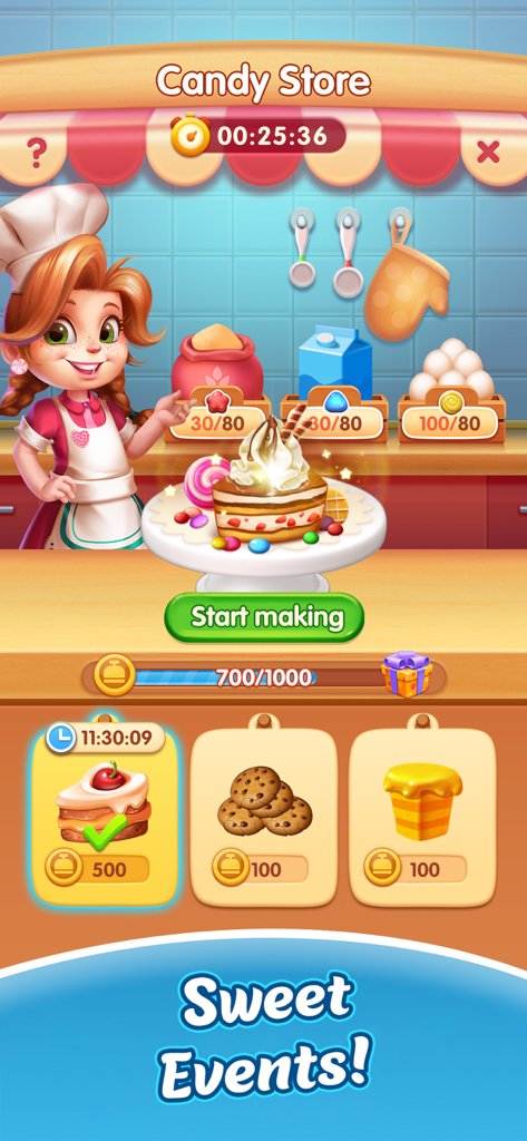 Candy Charming-Match 3 Game - Pantalla de juego de Candy Charming que muestra la tienda de caramelos Sweet Events con un personaje de chef y postres coloridos