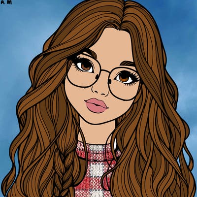 girl with long hair and freckles and glasses realistic