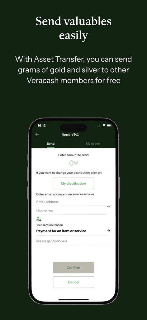 Veracash - Écran de l'application VeraCash montrant comment envoyer des grammes d'or et d'argent à d'autres membres