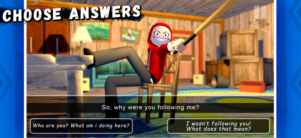 Angry Boy Pedro and His Friend - Captura de pantalla del juego de Angry Boy Pedro mostrando una escena de elección de diálogo con un personaje con una sudadera roja y un bate de béisbol.