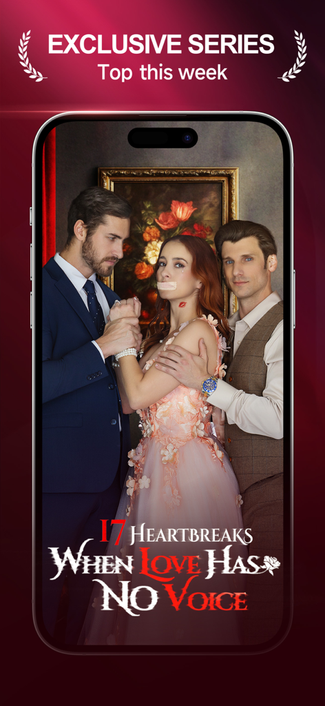A smartphone screen showing an exclusive vertical drama series titled 17 Heartbreaks When Love Has No Voice on the Playlet app.