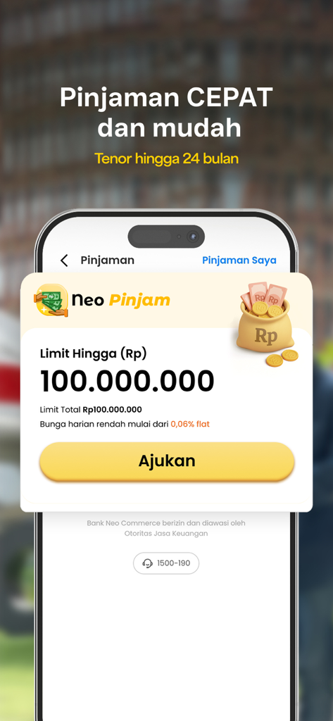 Neobank app interface showing the Neo Pinjam loan feature with a 100 million IDR limit and application button.