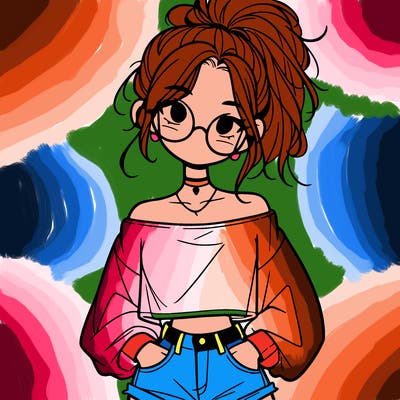 girl with a messy ponytail glasses a baggy crop top and jean shorts