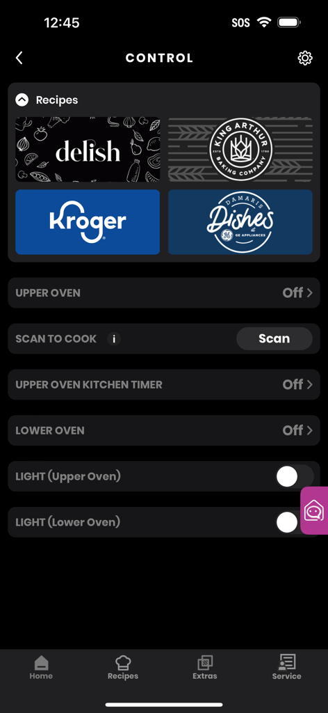SmartHQ app interface for oven control and recipe integration with partner brands like Delish and Kroger