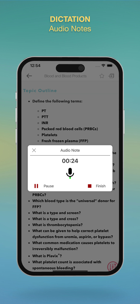 Surgical Recall - 医療研究コンテンツ上にディクテーションと音声ノート録音機能を表示するSurgical Recallアプリインターフェース