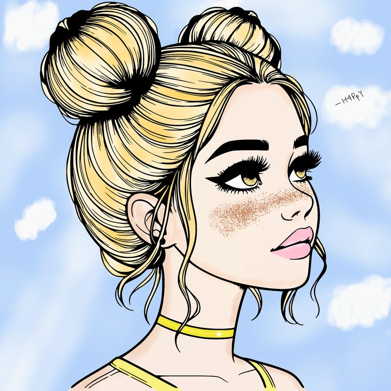 realistic girl with buns on the top of her head