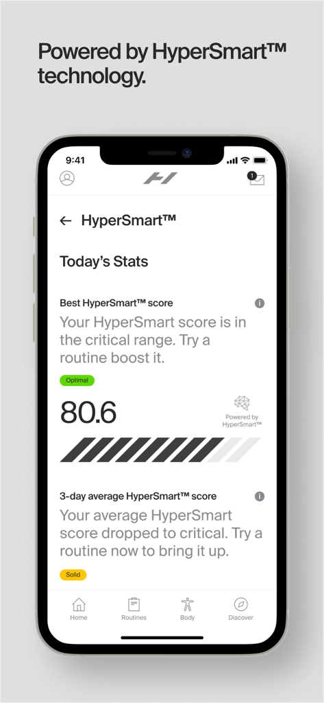 Hyperice - Hyperice app interface showing HyperSmart recovery scores and daily stats.