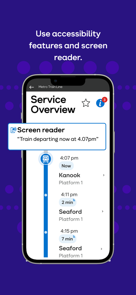 Interfaz de la aplicación Public Transport Victoria que muestra las funciones de accesibilidad del lector de pantalla para información de salidas de trenes en tiempo real