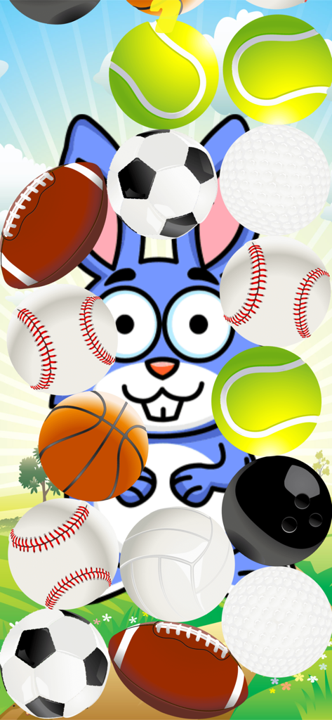 Toddler Animal Pop - Toddler Animal Popアプリで、サッカーボールや野球ボールなどの浮いたスポーツボールに囲まれた青い漫画のウサギ。