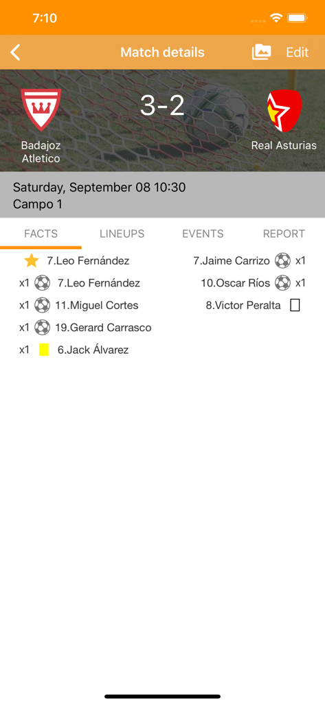 Competize Tournaments, Leagues - Pantalla de detalles del partido de la aplicación Competize que muestra un resultado de fútbol de 3-2 con estadísticas de jugadores y goleadores