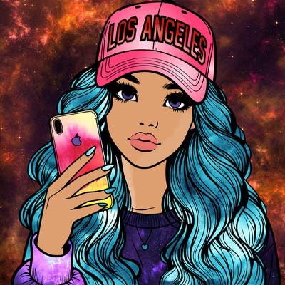 realistic beautiful girl wearing los ángeles cap holding an iphone