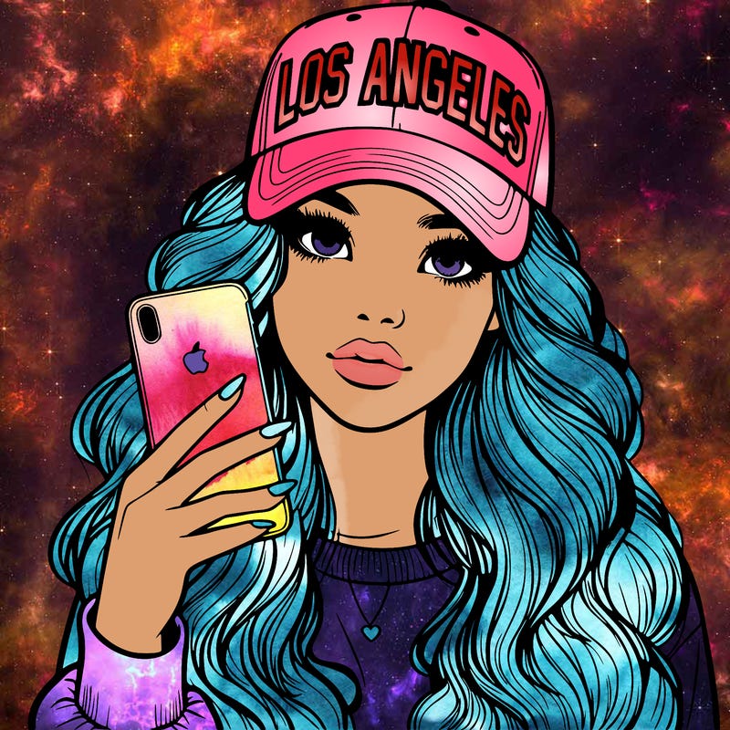 realistic beautiful girl wearing los ángeles cap holding an iphone