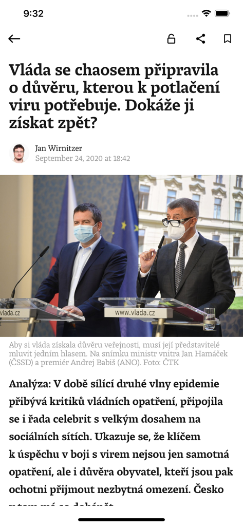 Deník N App zeigt einen Nachrichtenartikel in tschechischer Sprache über Politik an