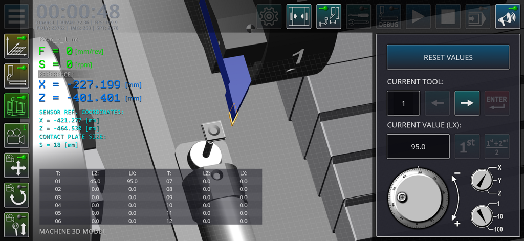 Une simulation 3D d'une machine de tour CN montrant les coordonnées et un panneau de commande avec des molettes manuelles
