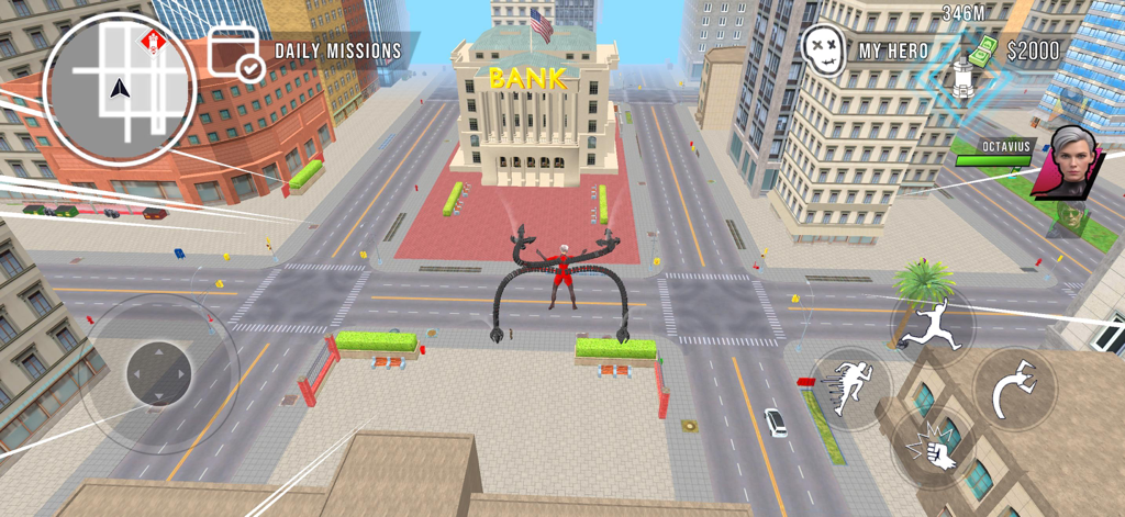 Superhero character with mechanical tentacles in a city street