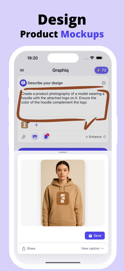 Graphiq App-Oberfläche, die zeigt, wie man mit einem Text-Prompt ein KI-generiertes Produkt-Mockup für einen Marken-Hoodie erstellt