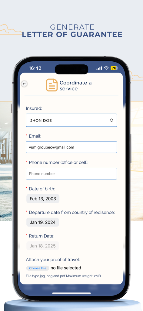 VUMI Travel VIP app screen showing the coordinate a service form to generate a medical letter of guarantee.