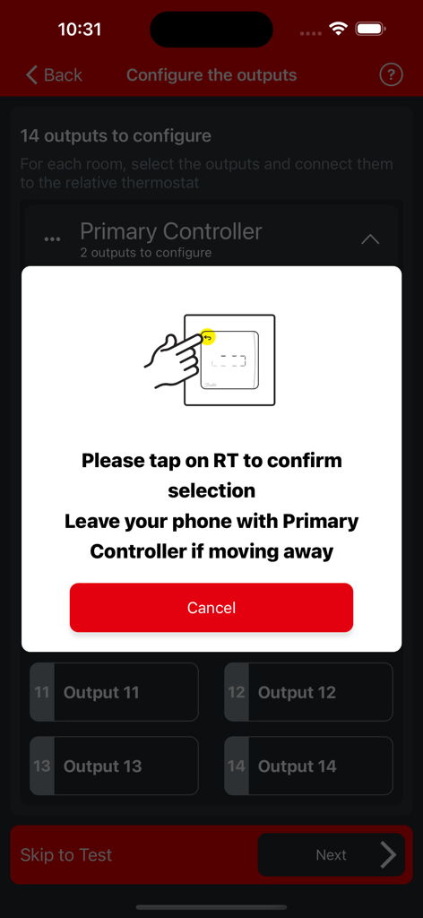 Danfoss Icon2™ - Danfoss Icon2 app screen with a prompt to confirm selection on the room thermostat during floor heating setup