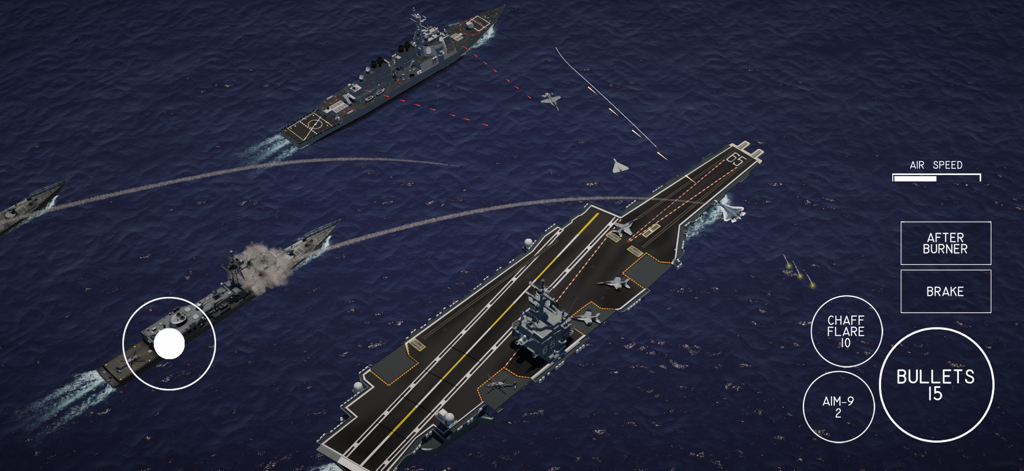 Vista aérea de cazas atacando un portaaviones y una flota naval en el juego Jet Attack Move.