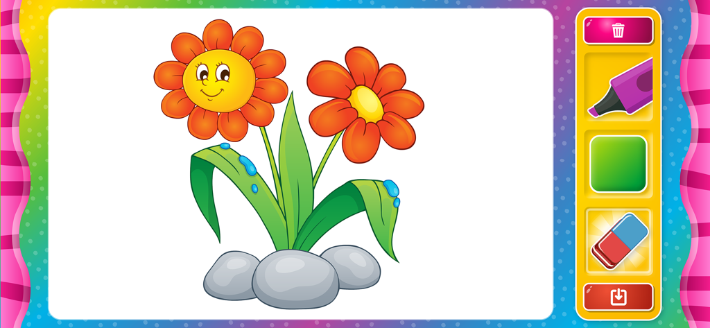 Toddler Coloring Book for Kids - Interface de colorir digital para crianças mostrando duas flores laranjas com ferramentas de pintura