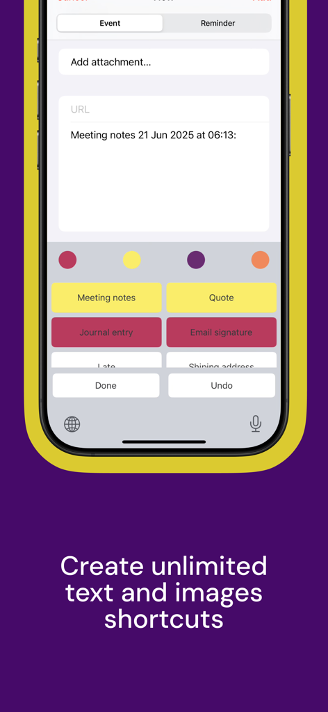 Aplicación Expansor de Texto mostrando atajos de teclado personalizados para notas de reuniones y firmas de correo electrónico.