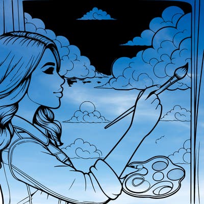 realistic woman painting the sky outside