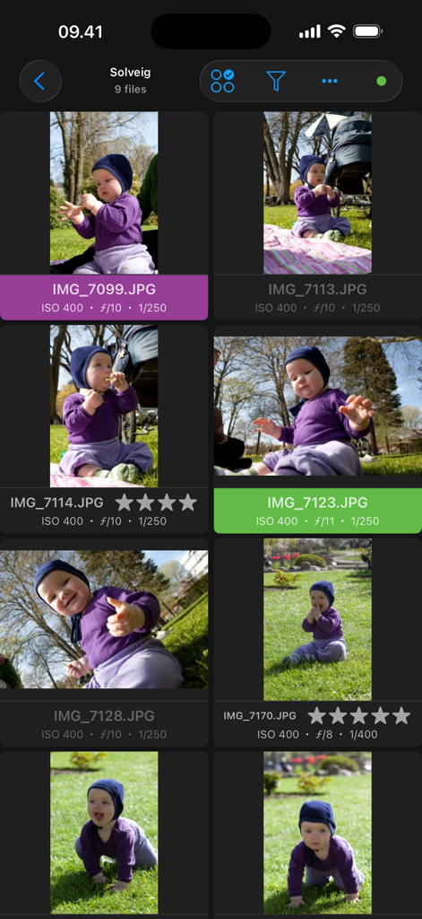 A photo gallery view in the ShutterSnitch app displaying technical metadata and star ratings for each image.