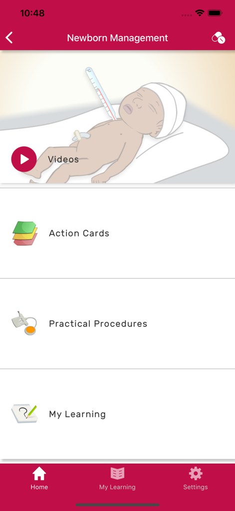 Safe Delivery - Safe Delivery app screen for Newborn Management showing video modules, action cards, and practical procedures
