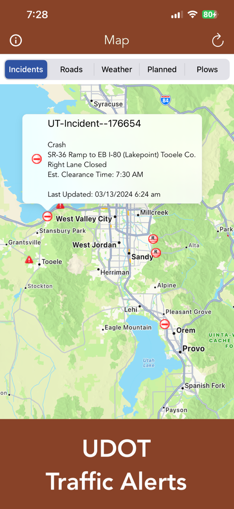 UDOT Road Conditions mobile app interface showing a map of Utah with traffic incident alerts and crash details