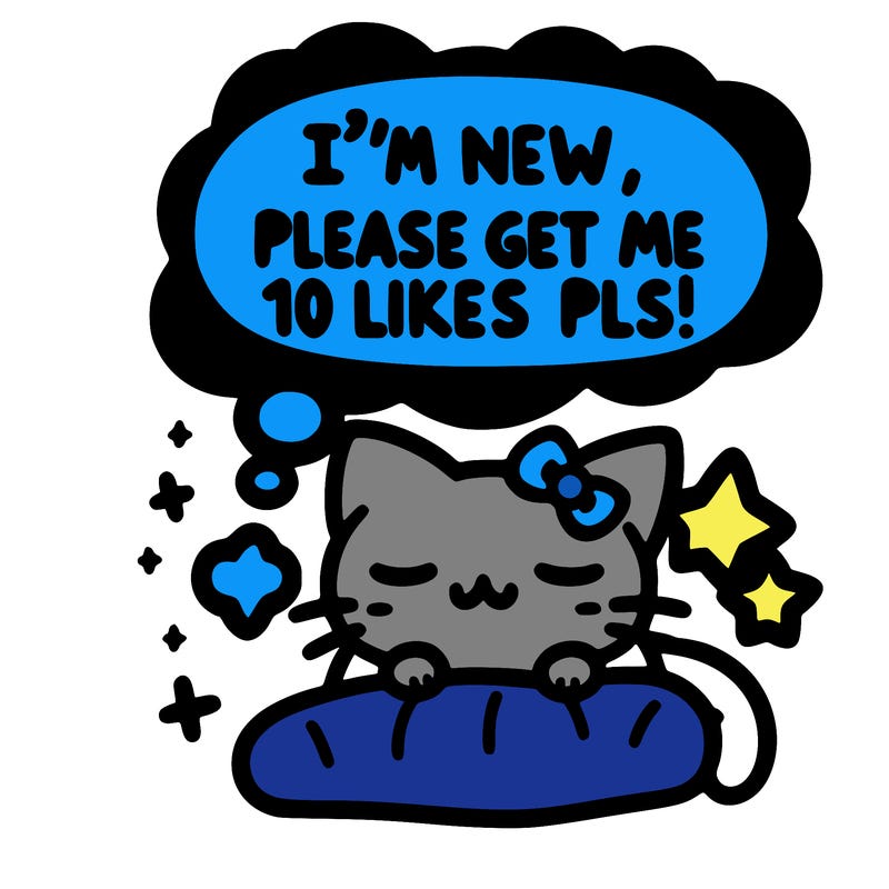 kitty taking a nap dream talking and saying "i'm new, please get me at least 10 likes pls!!"