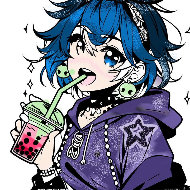 hot baddie anime girl drinking boba and biting the straw