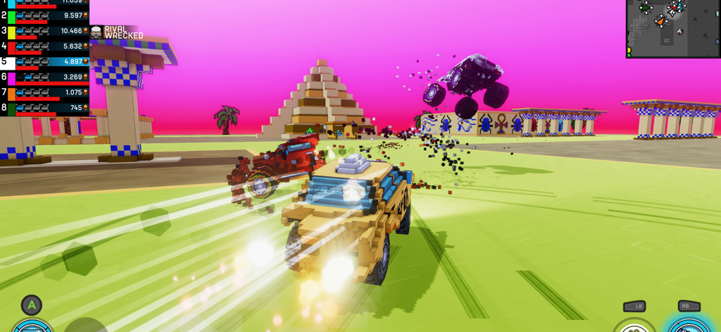 Carnage: Battle Arena - Voxel-style car combat in an Egyptian arena with a pyramid and monster truck